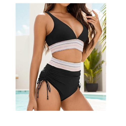 Zuvebamyo Women's High Waisted Bikini Swimsuit Block Bathing Suits Black XL