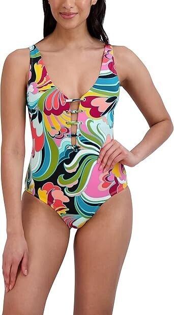 Women' Standard One Piece Swimsuit Lace Up Grommet Tummy Control Bathing Suit, S