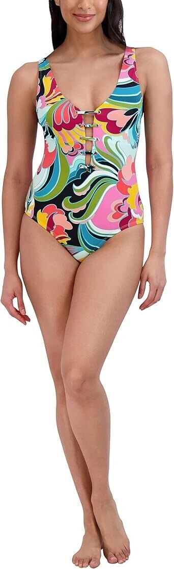 Women' Standard One Piece Swimsuit Lace Up Grommet Tummy Control Bathing Suit, S