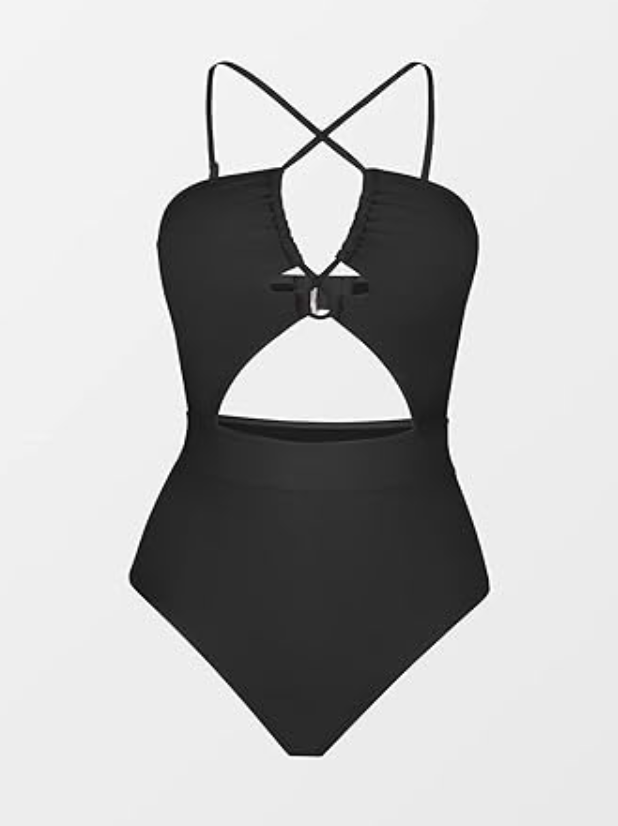CUPSHE Women's Swimwear One Piece Plunge Neckline Cutout Criss Cross Swimsuit, L