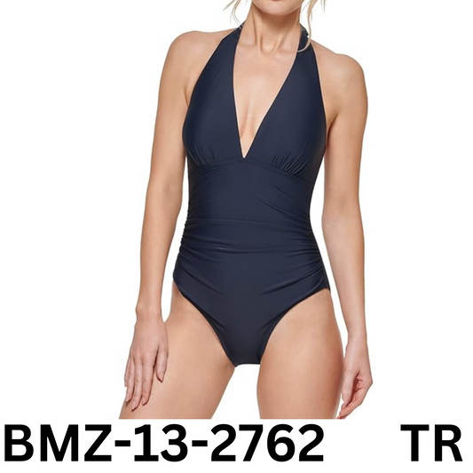 Tommy Hilfiger Women' Standard Classic V-Neck One Piece Swimsuit, Sky Captain, 4