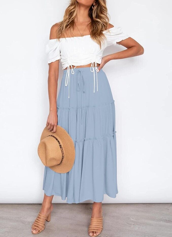VTSGN Women Boho Maxi Skirt Summer A-Line High Waisted Ruffle Tiered Flowy Skirt