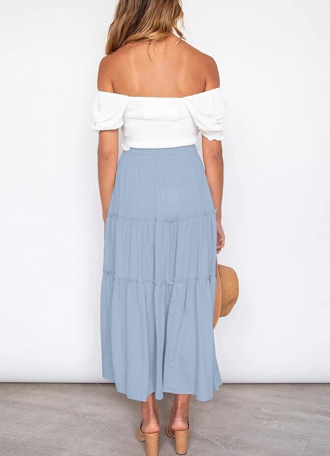 VTSGN Women Boho Maxi Skirt Summer A-Line High Waisted Ruffle Tiered Flowy Skirt
