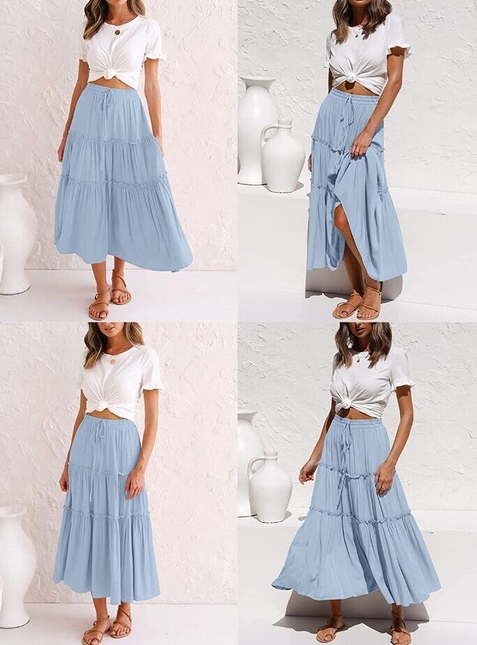 VTSGN Women Boho Maxi Skirt Summer A-Line High Waisted Ruffle Tiered Flowy Skirt