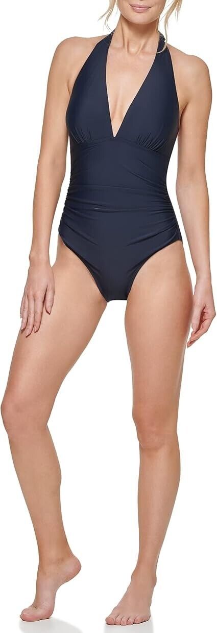 Tommy Hilfiger Women' Standard Classic V-Neck One Piece Swimsuit, Sky Captain, 4