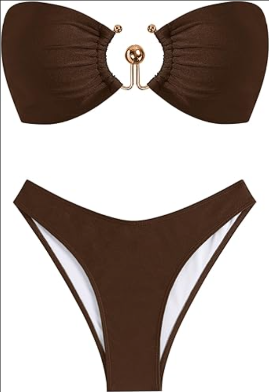 ZAFUL Women's 2 Piece Strapless Smocked Ring Tanga Bandeau Bikini Set Swimsuit 6