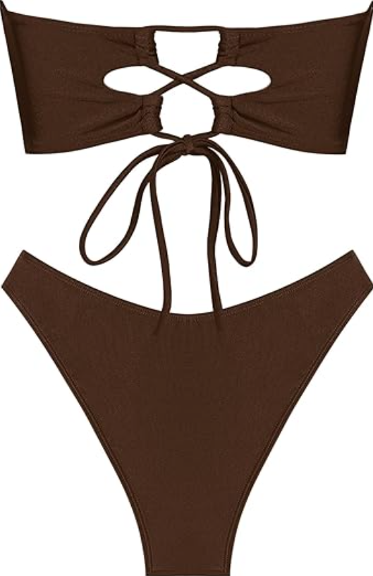ZAFUL Women's 2 Piece Strapless Smocked Ring Tanga Bandeau Bikini Set Swimsuit 6