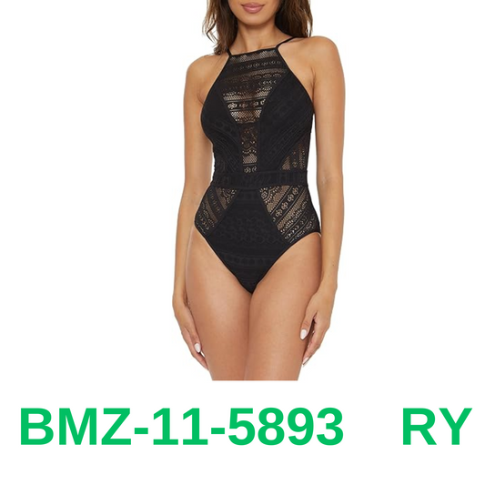BECCA Women's Standard Color Play Crochet One Piece Swimsuit, High Neck, Black,L