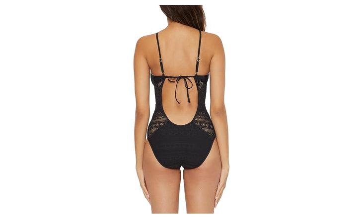 BECCA Women's Standard Color Play Crochet One Piece Swimsuit, High Neck, Black,L