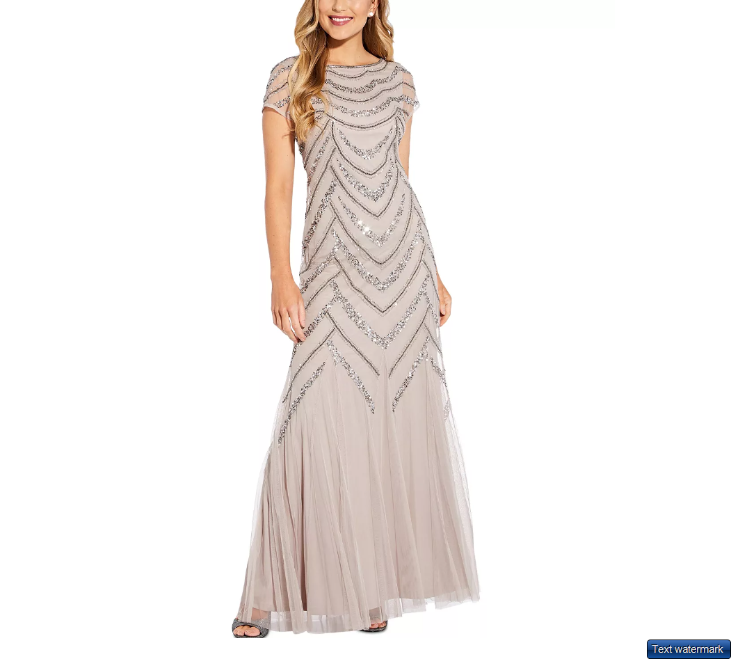ADRIANNA PAPELL Beaded Boat-Neck Cap-Sleeve Gown Marble Sz16
