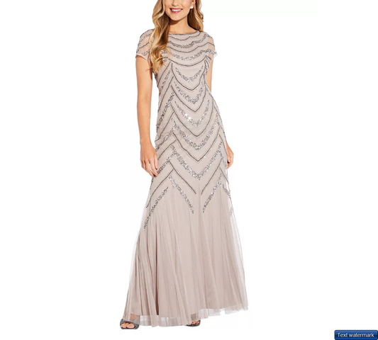ADRIANNA PAPELL Beaded Boat-Neck Cap-Sleeve Gown Marble Sz16