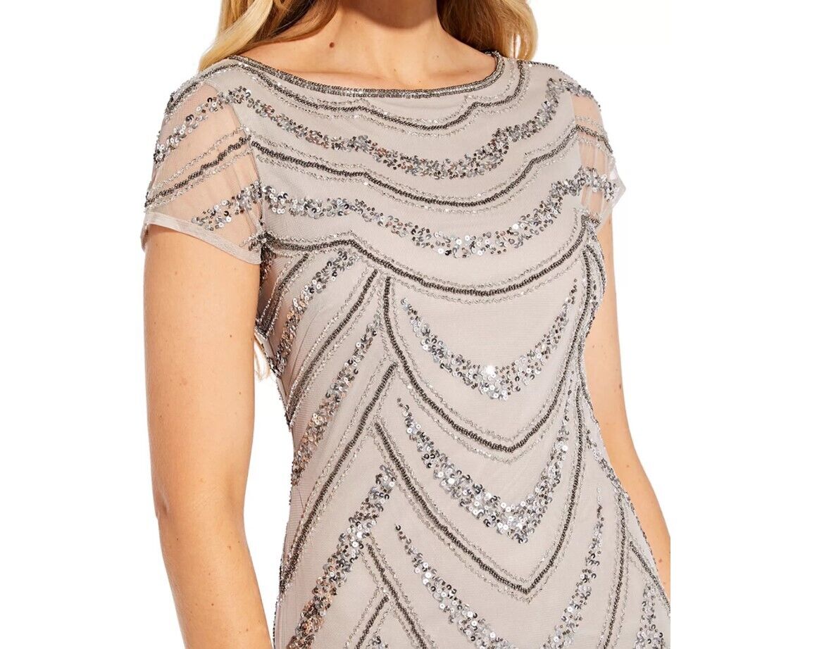ADRIANNA PAPELL Beaded Boat-Neck Cap-Sleeve Gown Marble Sz16