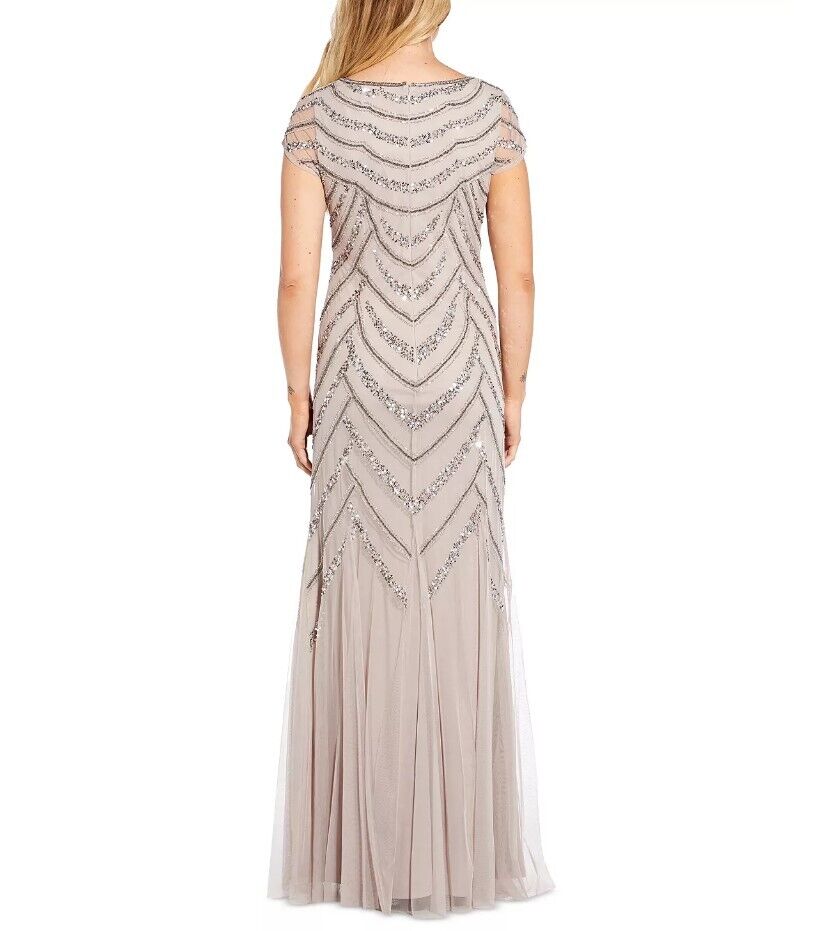 ADRIANNA PAPELL Beaded Boat-Neck Cap-Sleeve Gown Marble Sz16