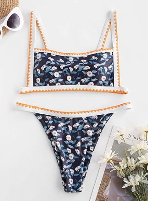 ZAFUL Bohemian Push Up Swimsuits Tie Whip Stitch Print Two Piece Set Bikini, M