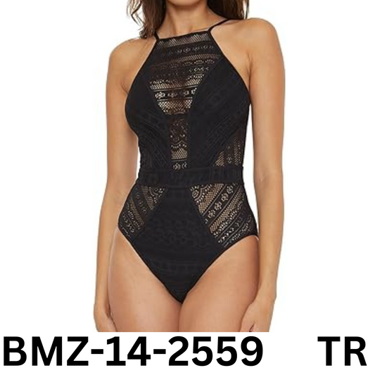 BECCA Women's Standard Color Play Crochet One Piece Swimsuit, High Neck, Black S