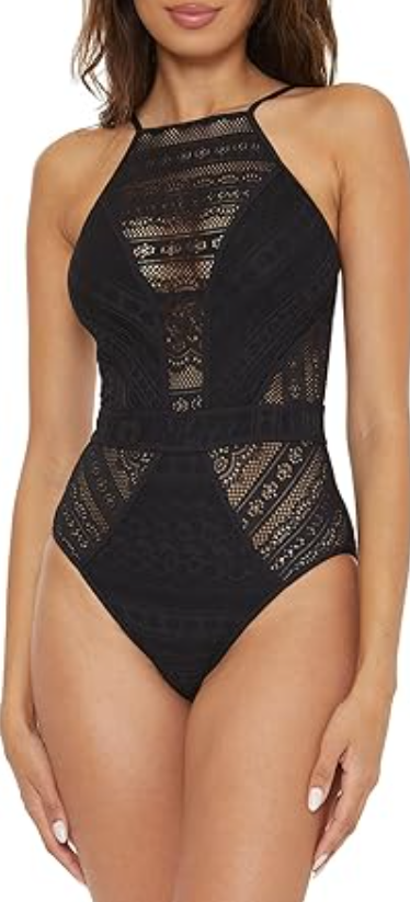 BECCA Women's Standard Color Play Crochet One Piece Swimsuit, High Neck, Black S