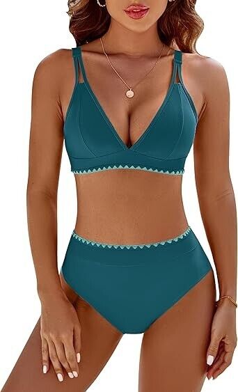 BMJL Women' Bikini Sets V Neck High Waisted Swimsuits Shell Stitched 2pc suit, L