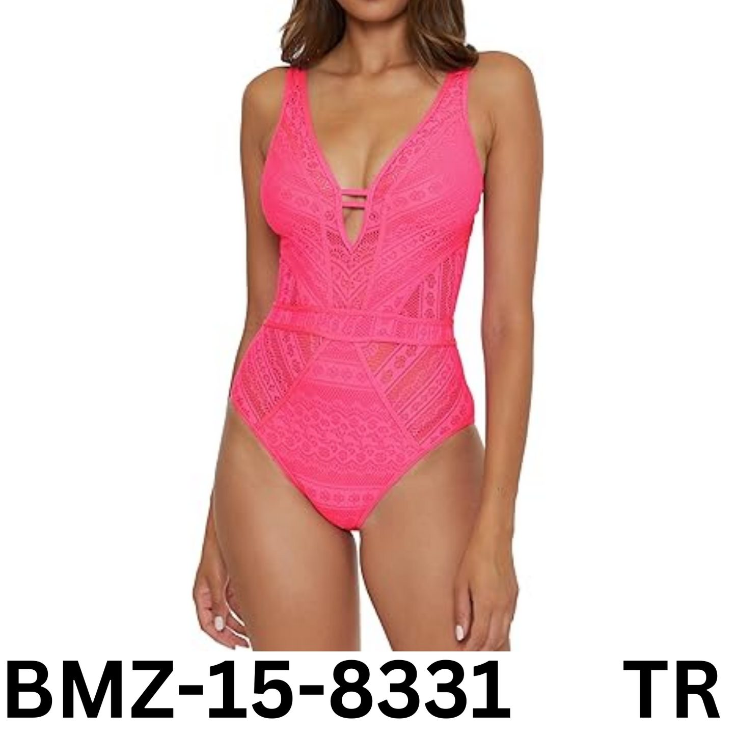 BECCA Color Play - Women's One Piece Swimsuit, Plunge Neck, Crochet, Pink, Small