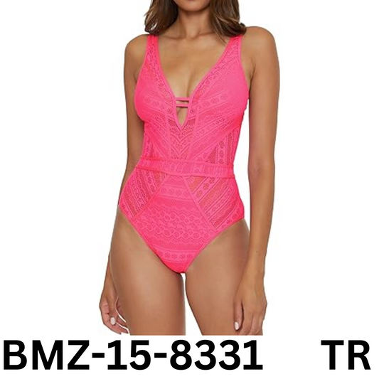 BECCA Color Play - Women's One Piece Swimsuit, Plunge Neck, Crochet, Pink, Small