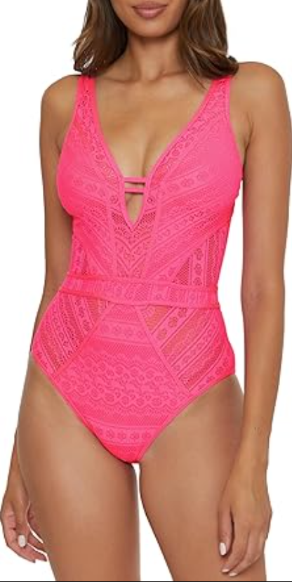BECCA Color Play - Women's One Piece Swimsuit, Plunge Neck, Crochet, Pink, Small