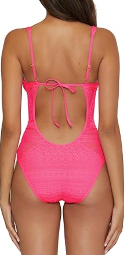 BECCA Color Play - Women's One Piece Swimsuit, Plunge Neck, Crochet, Pink, Small