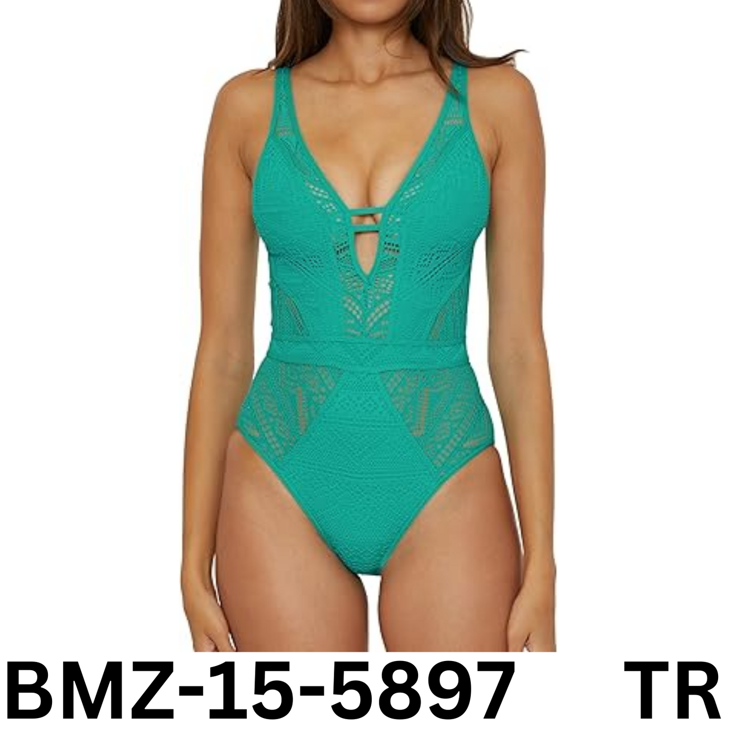BECCA Color Play - Women's One Piece Swimsuit, Plunge Neck, Crochet, Peacock, L