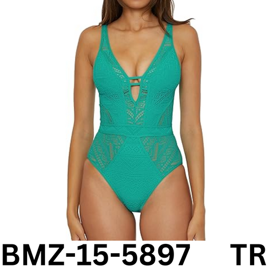 BECCA Color Play - Women's One Piece Swimsuit, Plunge Neck, Crochet, Peacock, L