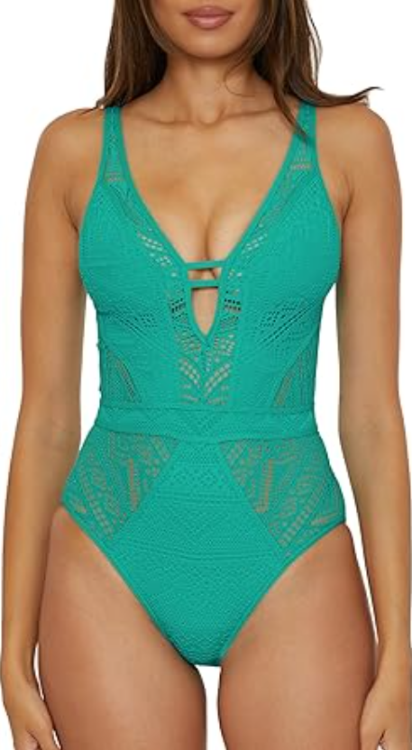 BECCA Color Play - Women's One Piece Swimsuit, Plunge Neck, Crochet, Peacock, L