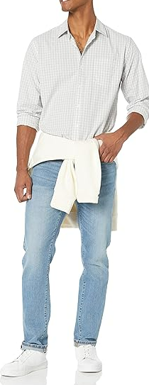 Amazon Essentials Men's Regular-Fit Long-Sleeve Casual Poplin Shirt Grey Check L