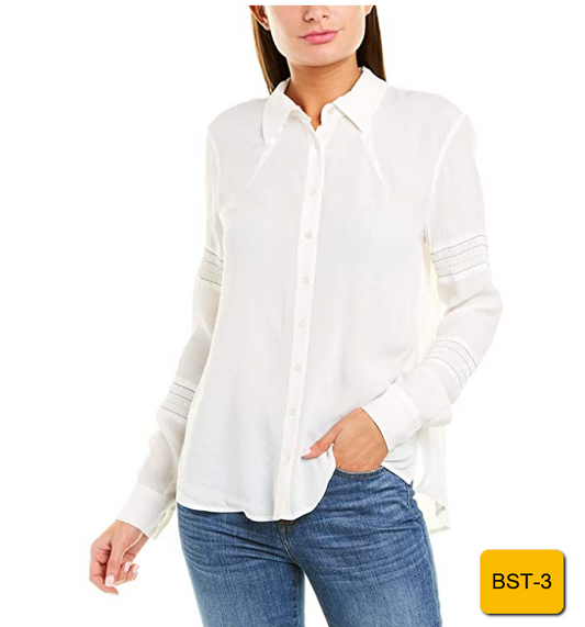 $295 Nicole Miller Women's White Multicolored Smocked Boyfriend Blouse S