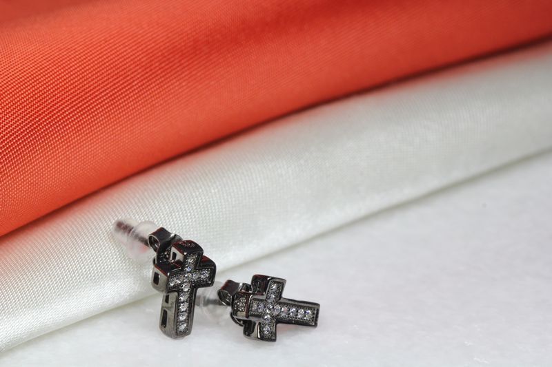 CROSS STUD EARRINGS 12 CZ STONES STERLING SILVER 925 BLACK RHODIUM PLATED ~#55