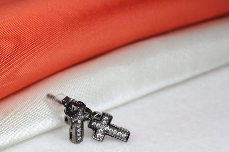 CROSS STUD EARRINGS 12 CZ STONES STERLING SILVER 925 BLACK RHODIUM PLATED ~#55