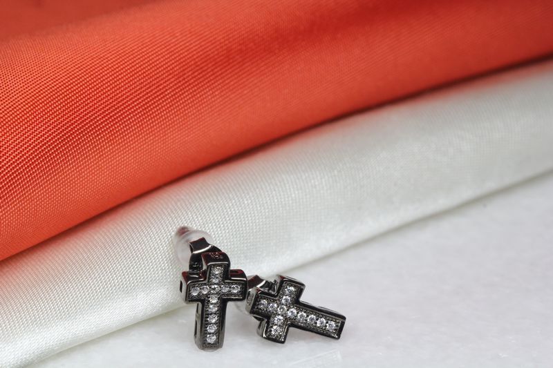 CROSS STUD EARRINGS 12 CZ STONES STERLING SILVER 925 BLACK RHODIUM PLATED ~#55