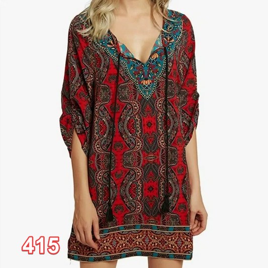Women Bohemian Neck Tie Vintage Printed Ethnic Style Summer Shift Dress M