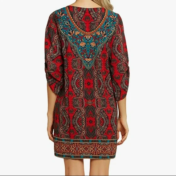 Women Bohemian Neck Tie Vintage Printed Ethnic Style Summer Shift Dress M