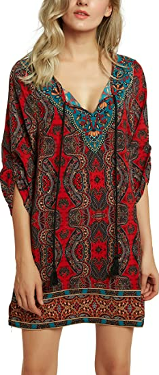 Women Bohemian Neck Tie Vintage Printed Ethnic Style Summer Shift Dress M