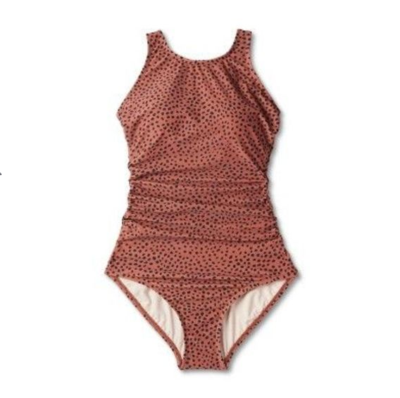 Womens Long Torso Spotted Print High Neck Ruched High Coverage One Pc Swimsuit M