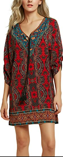 Women Bohemian Neck Tie Vintage Printed Ethnic Style Summer Shift Dress M
