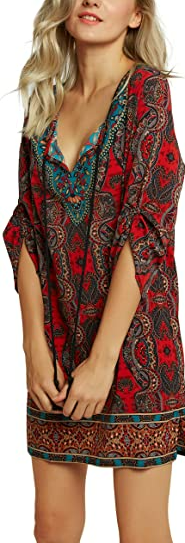 Women Bohemian Neck Tie Vintage Printed Ethnic Style Summer Shift Dress M