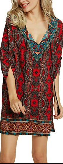 Women Bohemian Neck Tie Vintage Printed Ethnic Style Summer Shift Dress M