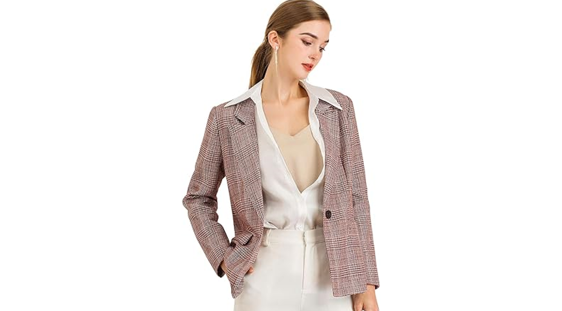 Allegra K Women's Notched Lapel One Button Boyfriend Blazer Suit Plaid Blazer, M