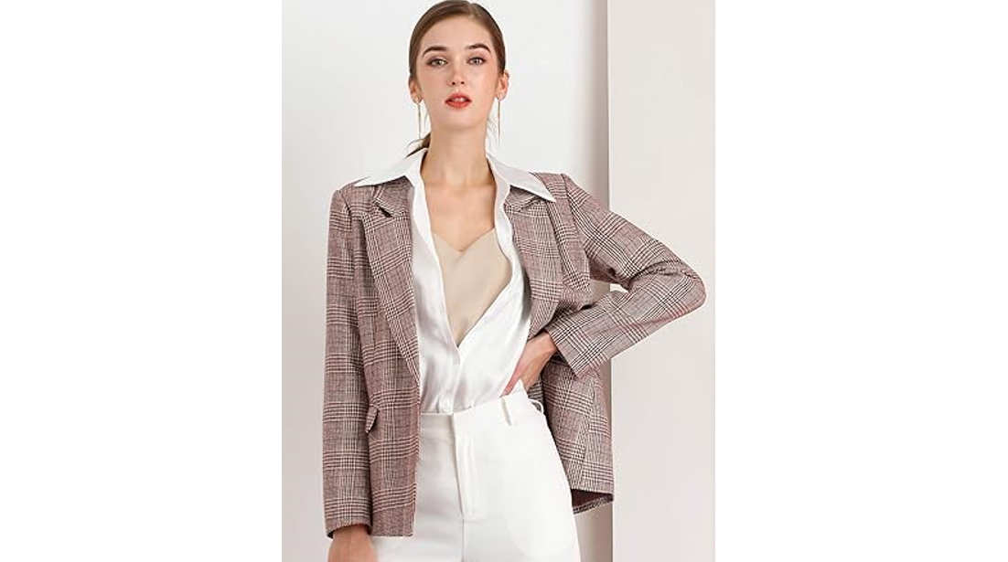 Allegra K Women's Notched Lapel One Button Boyfriend Blazer Suit Plaid Blazer, M