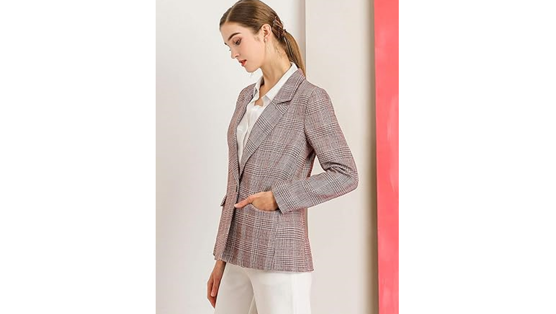 Allegra K Women's Notched Lapel One Button Boyfriend Blazer Suit Plaid Blazer, M