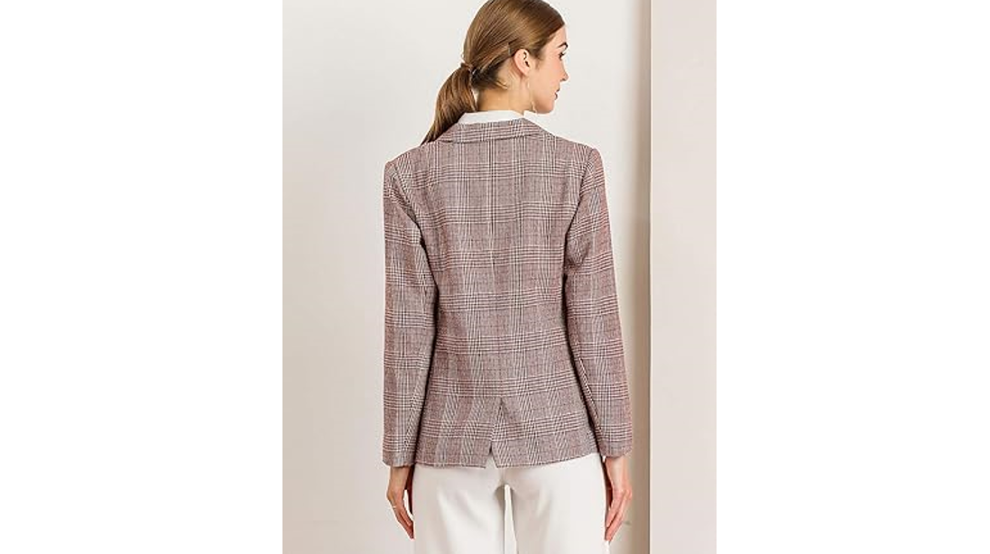 Allegra K Women's Notched Lapel One Button Boyfriend Blazer Suit Plaid Blazer, M
