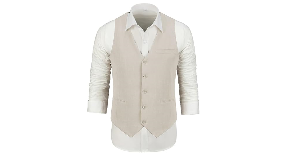 WEHILION Linen Suits for Men Casual Wedding Suits Men 2 Piece Suits BEIGE XL