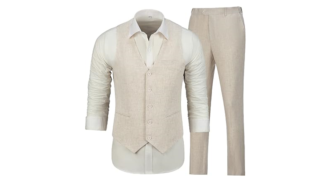 WEHILION Linen Suits for Men Casual Wedding Suits Men 2 Piece Suits BEIGE XL