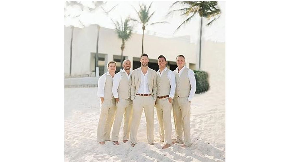 WEHILION Linen Suits for Men Casual Wedding Suits Men 2 Piece Suits BEIGE XL