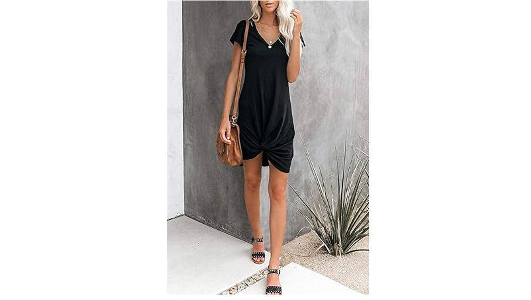 WEKILI Women's Casual Loose Beach Cover Up V-Neck Short Sleeve Dress, Black, XXL