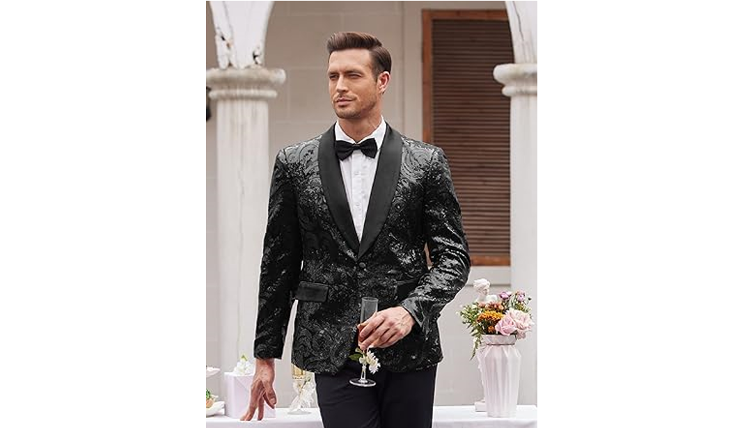 COOFANDY Men Shiny Sequins Blazer Floral Suit Jacket Stylish Tuxedo, Black, 3XL