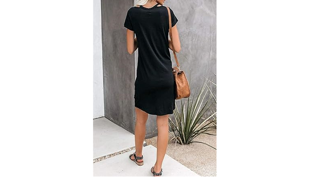 WEKILI Women's Casual Loose Beach Cover Up V-Neck Short Sleeve Dress, Black, XXL